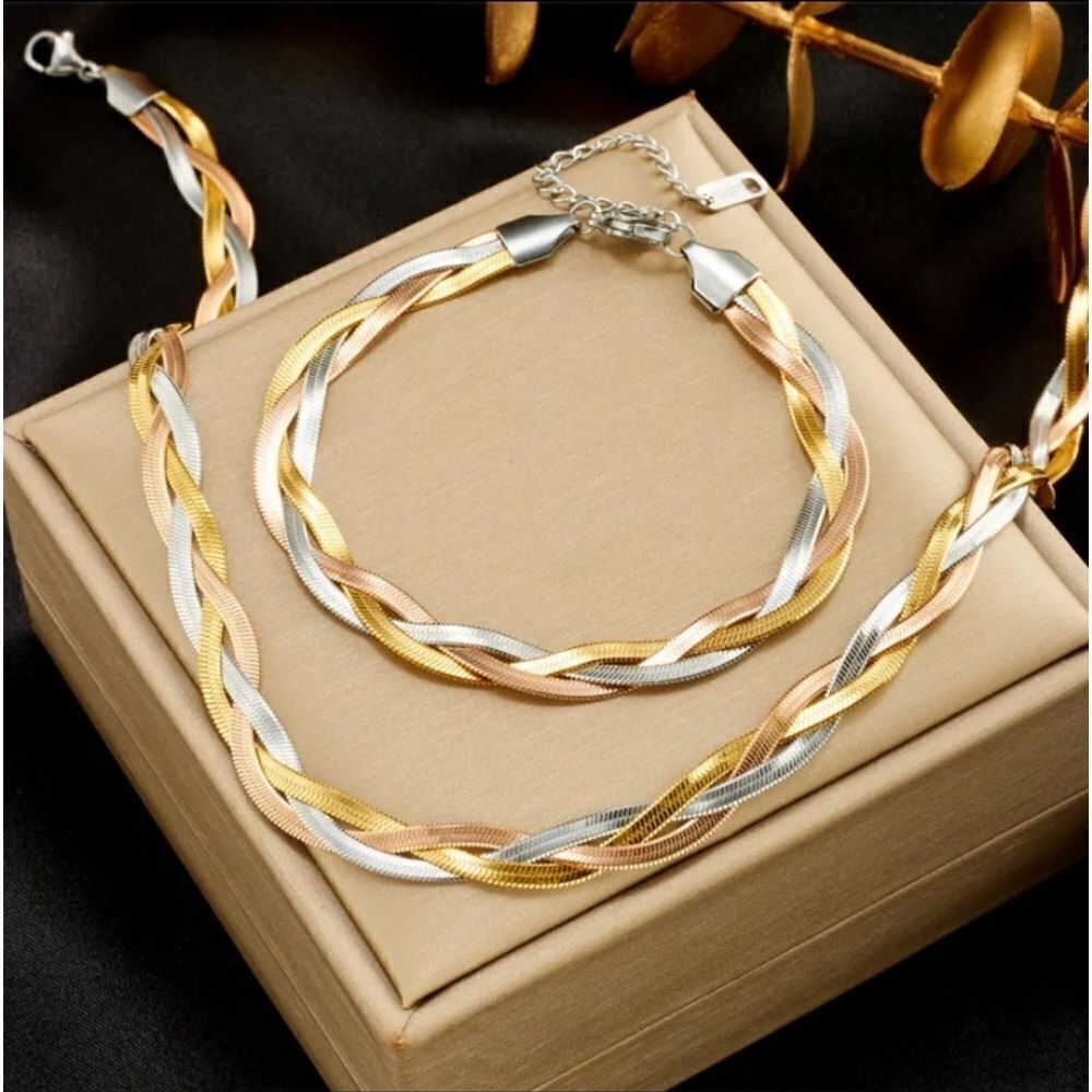 Tricolor Gold, Rose & Silver Plated Braided Herringbone Necklace & Bracelet